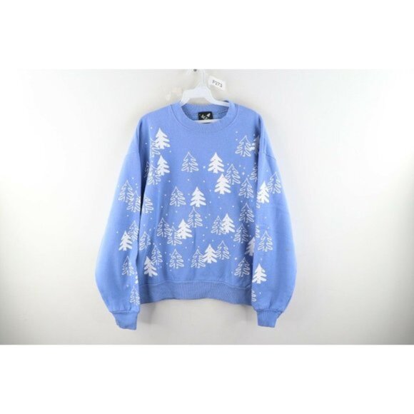 Vintage 90s Michigan Rag Co Womens Large Christmas Tree Print Sweatshirt Blue - Picture 1 of 9